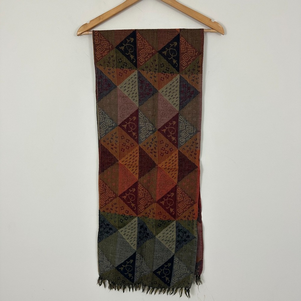 Sacred Threads Tapestry Wool Scarf Multicolor Boho Indian Geometric Wool Fringe
